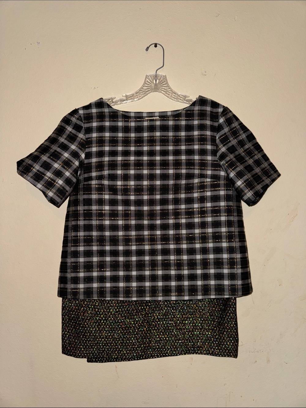 SUNO Black and White Plaid Short Sleeve Top
